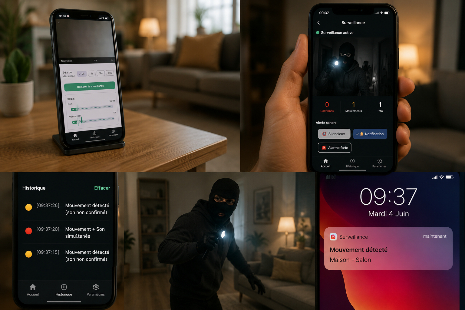 mon-detecteur en usage : historique des événements, surveillance active, alerte SMS sur écran verrouillé